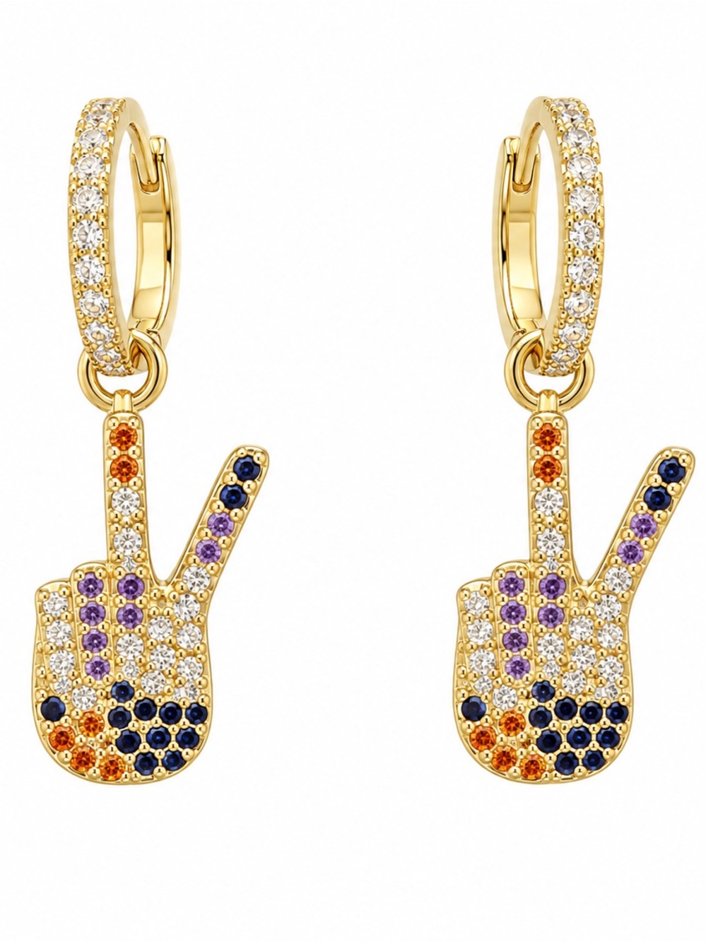 14 k Gold plTone Peace Sign Pavé Drop Earrings with Purple, Navy & Orange Stones